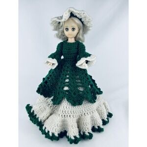 Vintage Bedroom Bed Doll Handmade Crocheted Full Layered Ruffled Dress Hat
